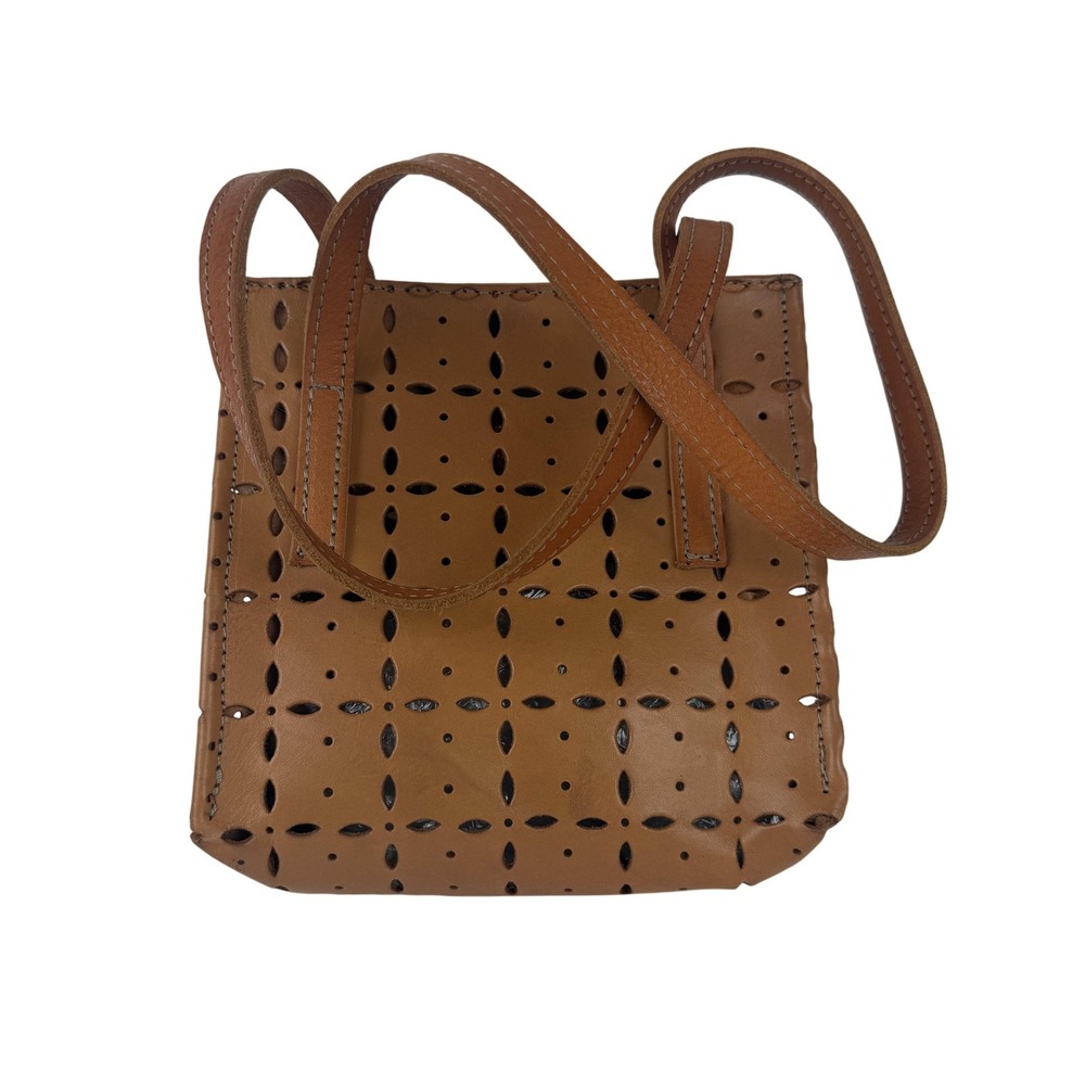 Caterina Lucchi Crossbody Bag Womens Small Tan Leather Laser Cut Made in Italy‎